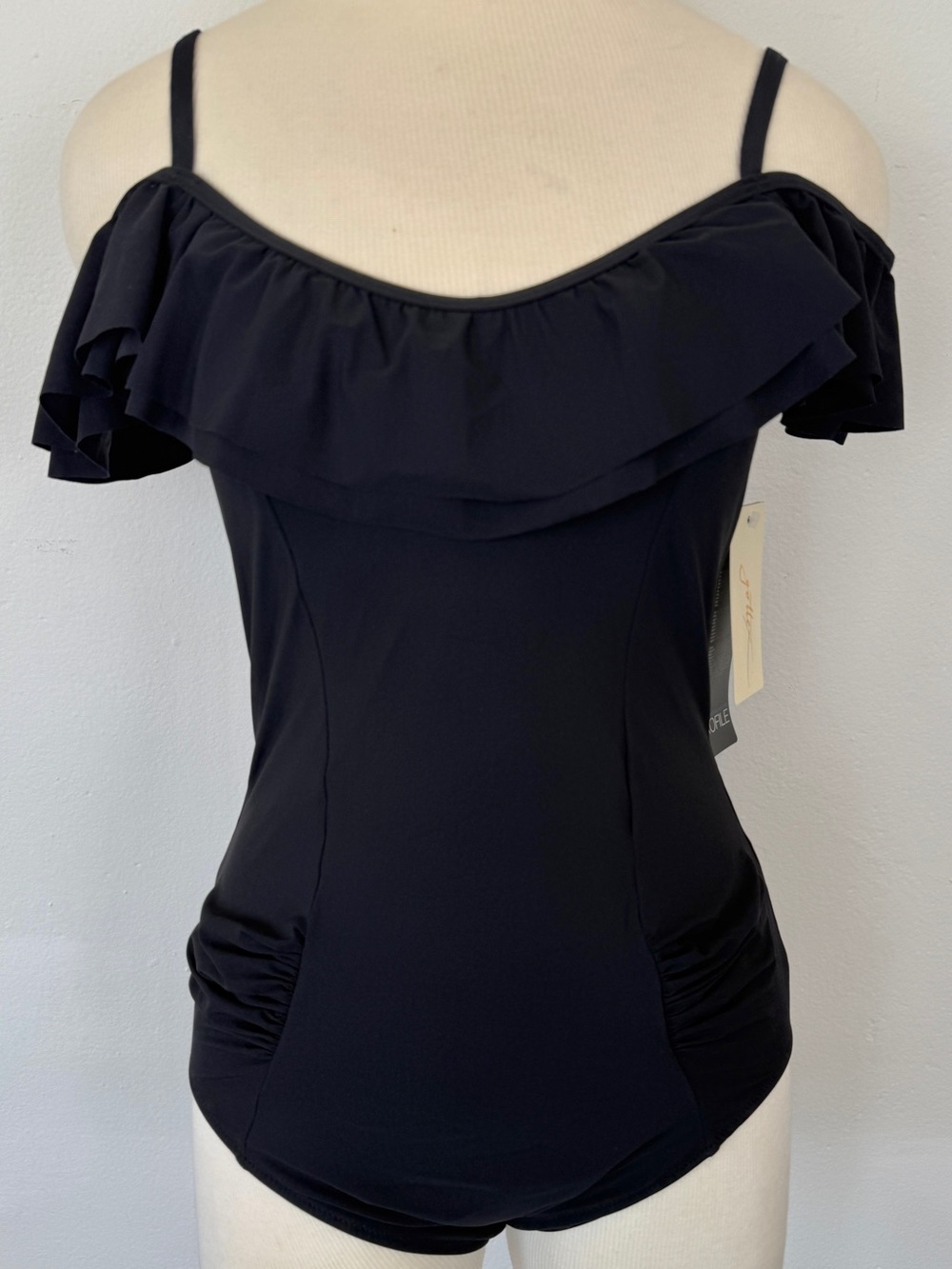 NWT Gottex Profile Size 12 Black Off Shoulder Ruffle Ruched One Piece Swimsuit
